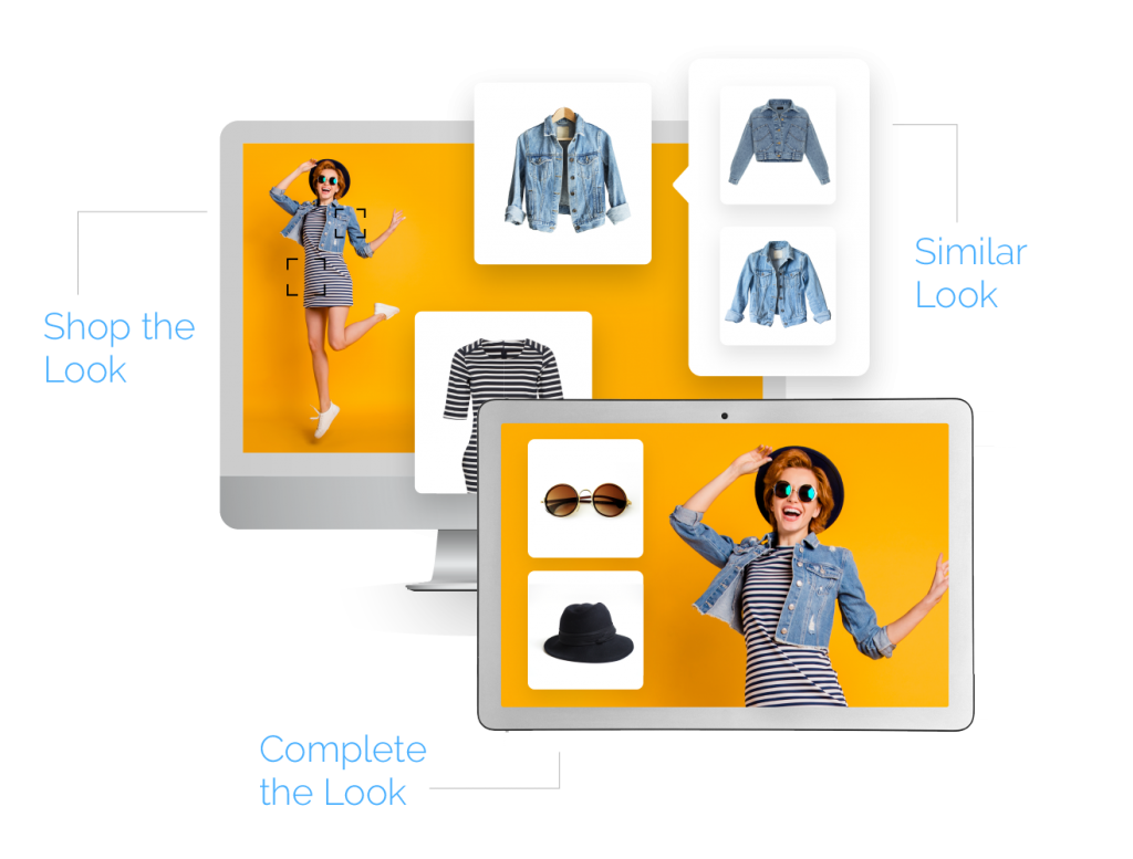 swap-smart-recommendations Computer monitor and tablet display photo of young woman wearing a striped dress, denim jacket, hat and sunglasses with call out recommendations and text: Shop the look, Similar Look, Complete the Look